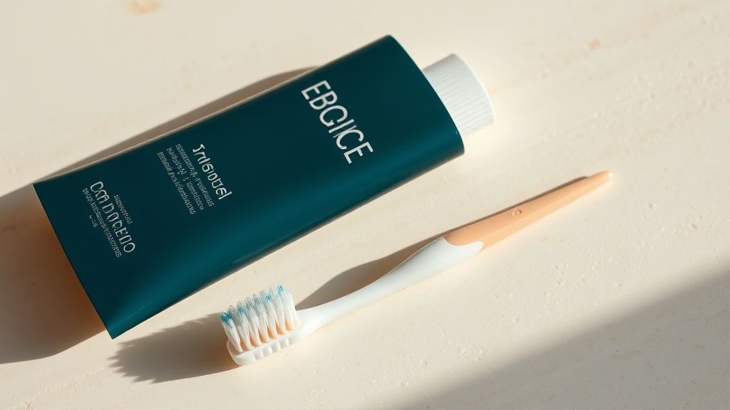 Soft-bristled toothbrush resting beside a tube of paste on cream stone