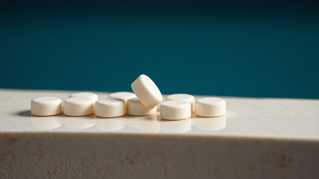 A curated row of sugar-free gum pellets on cream stone