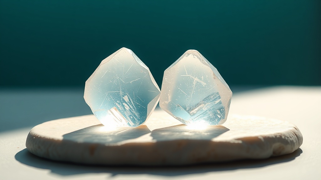 Two similar translucent crystalline forms side by side under soft teal light