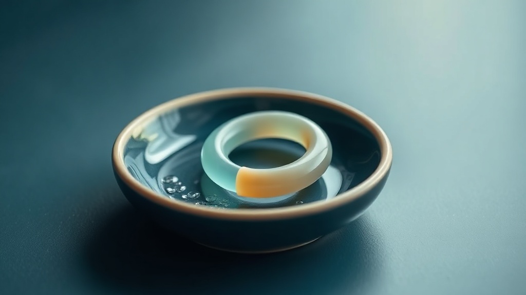 A chilled solid silicone teething ring resting on a chilled dish with light condensation