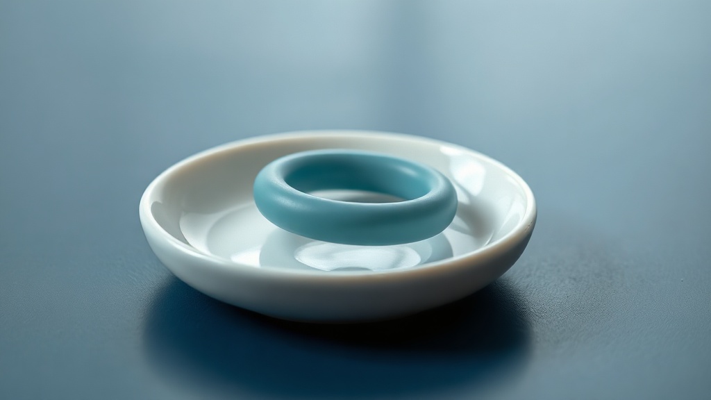 A single solid silicone teething ring on a chilled dish with light condensation
