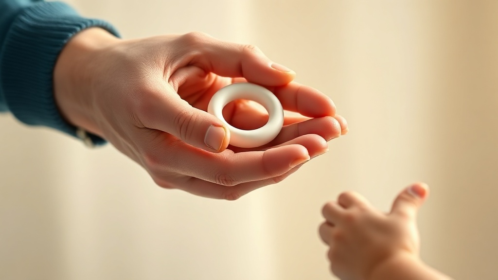 A parent hand offering a solid silicone teething ring to a baby reaching hand