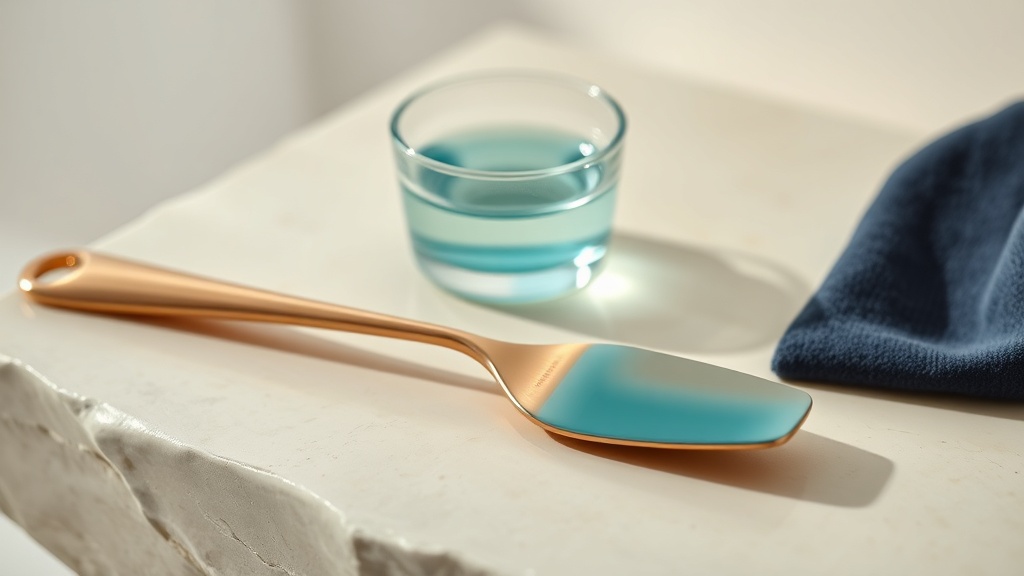 Copper tongue scraper beside a small cup of teal rinse