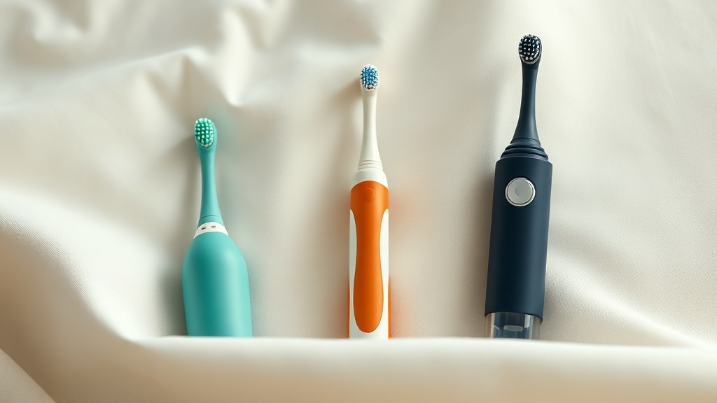 Three types of toddler toothbrush - a silicone finger brush, a small-head manual brush and a compact powered brush - side by side