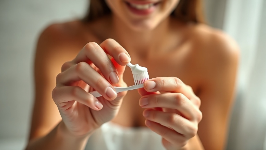 A parent's hands placing a rice-grain smear of toothpaste on a small toddler toothbrush