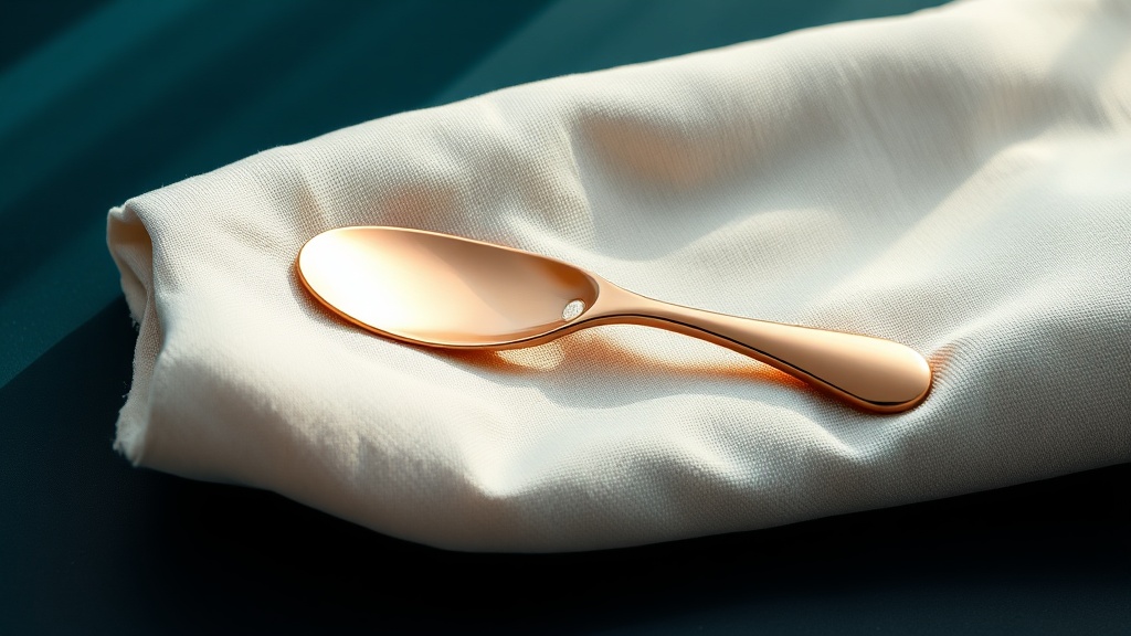 A hand holding a copper tongue scraper by both handles