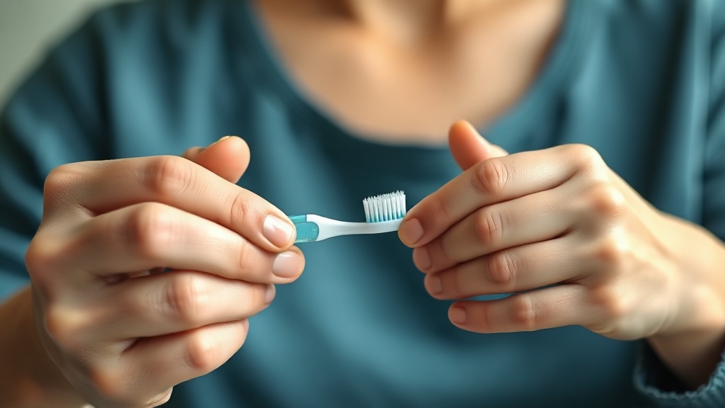 An adult's hands guiding a small toothbrush, showing supervised brushing