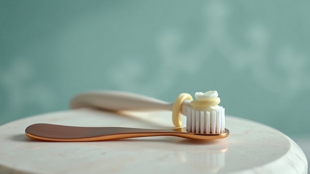 Copper tongue scraper in front of a toothbrush loaded with paste