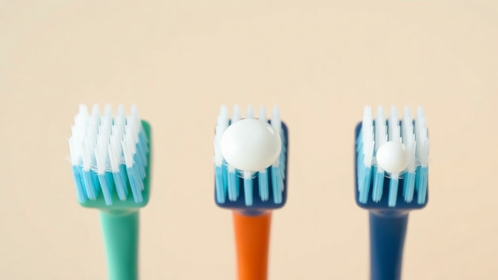 Three toothbrush heads in a row, each with an increasing amount of toothpaste, showing dose by age