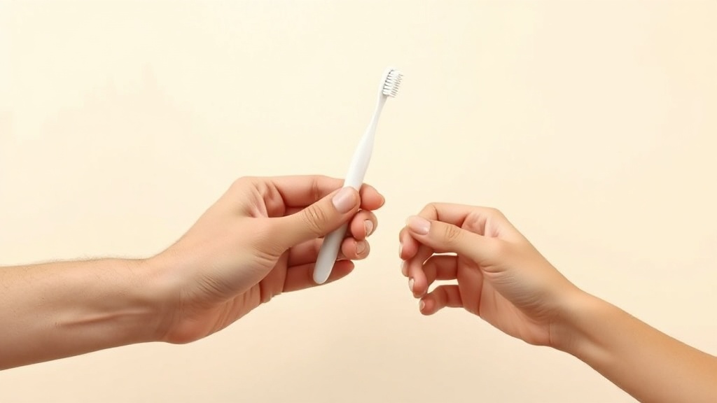 A parent hand and a small child hand together holding a child toothbrush