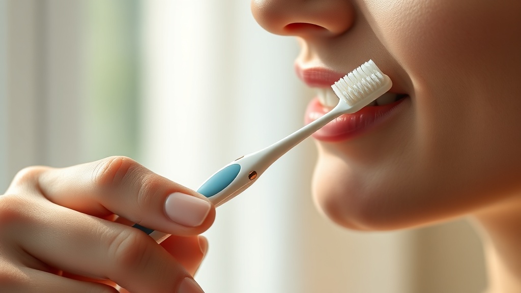 A soft toothbrush being used gently along the gumline
