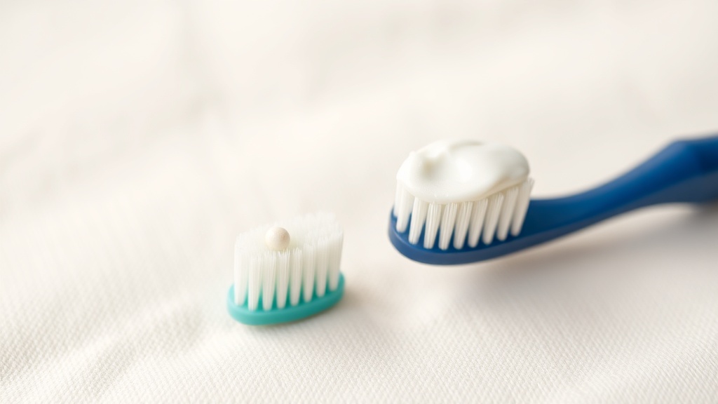Two small toothbrushes, one with a rice-grain smear of toothpaste and one with a pea-sized amount