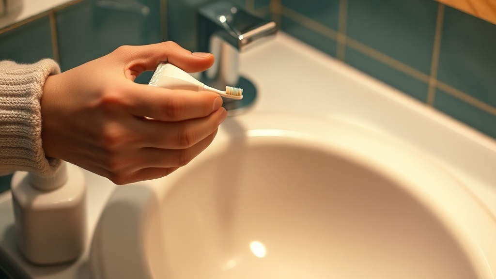 An adult hands placing a tiny smear of toothpaste onto a small toddler toothbrush over a sink