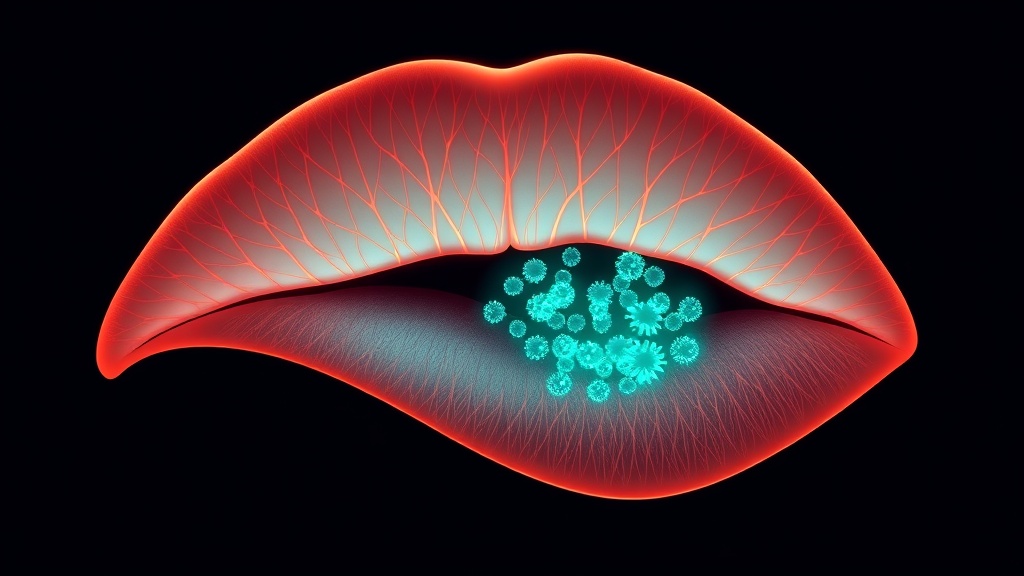 Conceptual cross-section of the tongue surface showing coating and bacteria in the grooves