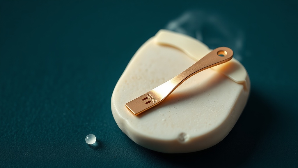 A copper tongue scraper mid-stroke on a cream surface with a droplet of water