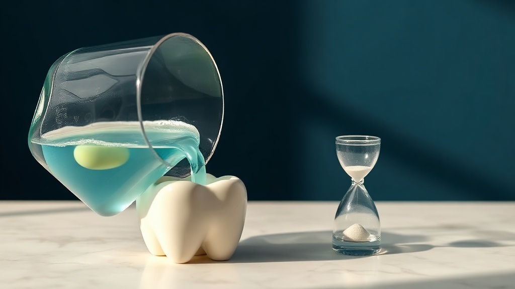 A rinse glass pouring pale teal liquid over a white tooth model beside a small sand timer