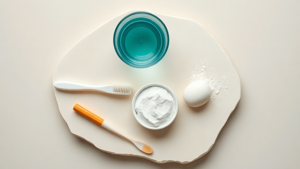 A flat-lay of a rinse glass, a soft toothbrush, a dish of baking-soda-white powder and a polished tooth-white stone