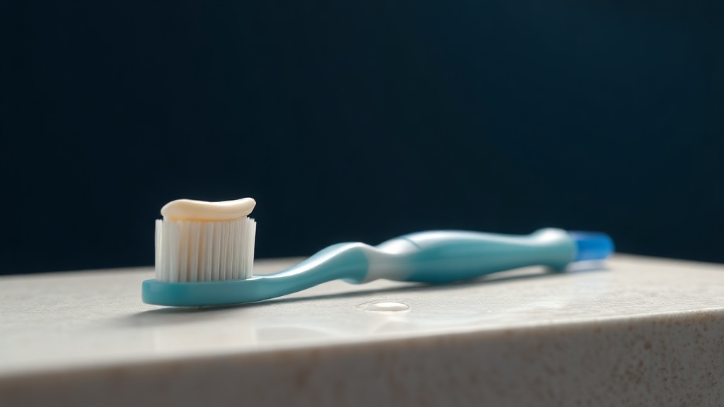 A soft-bristled toothbrush with a ribbon of cream toothpaste on a pale stone surface