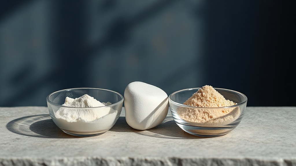 Two dishes of powder, one fine and one coarse, beside a smooth white pebble on stone