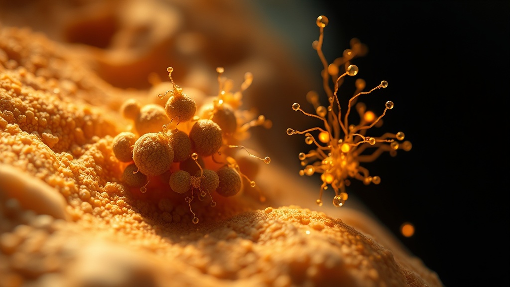A luminous macro concept of microscopic bacteria on a tongue-like surface breaking glowing protein strands into small rising sulfur-gas molecules.