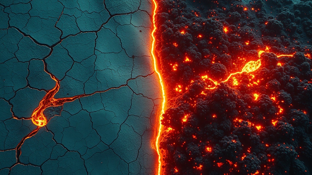 A conceptual split landscape: a scorched, cracked barren surface on one side transitioning across a molten seam into dense, aggressive microbial regrowth on the other.