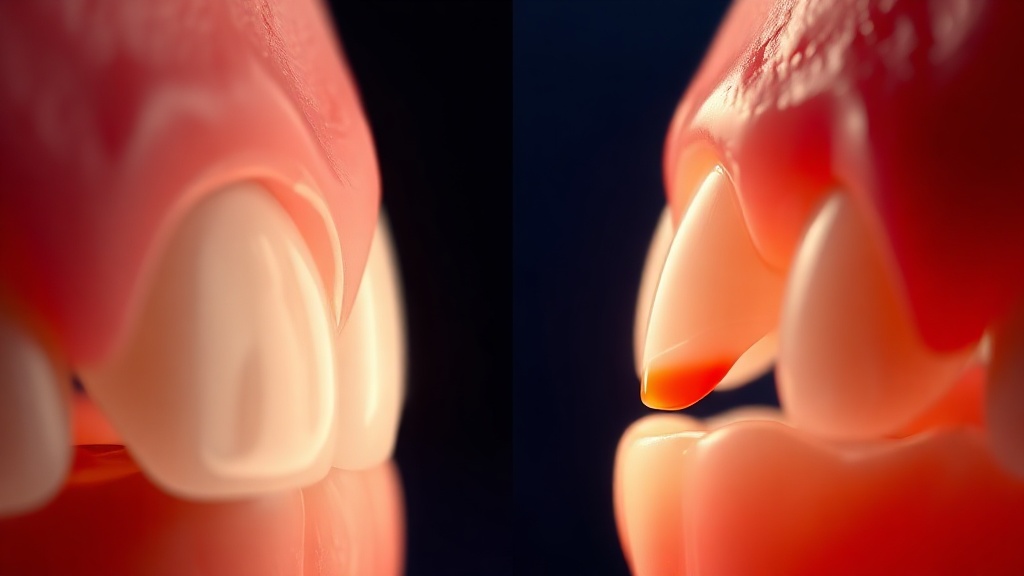 A conceptual comparison of a calm healthy gumline beside an inflamed, plaque-irritated one