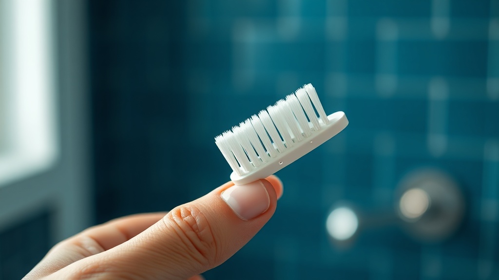 Close-up of a soft-bristle toothbrush angled gently at the gumline held in a calm human hand