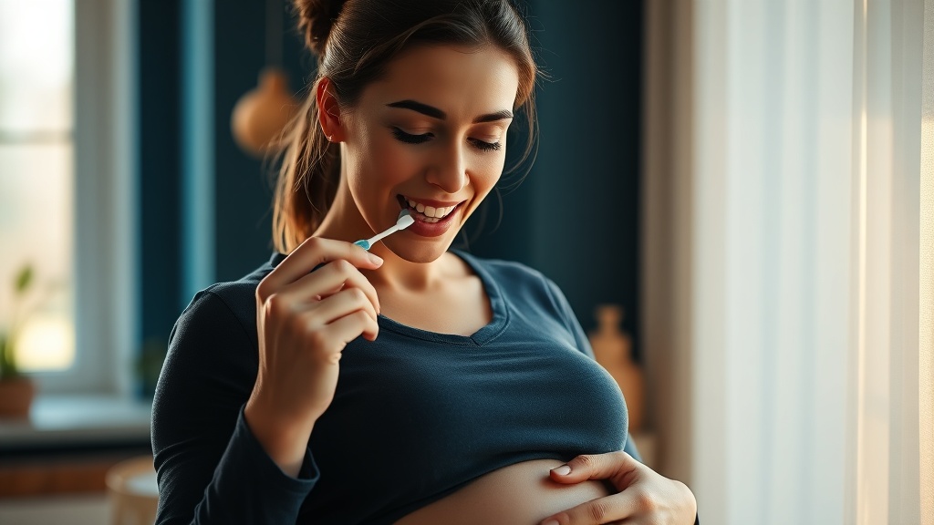A warm natural portrait of a pregnant woman gently flossing in soft daylight