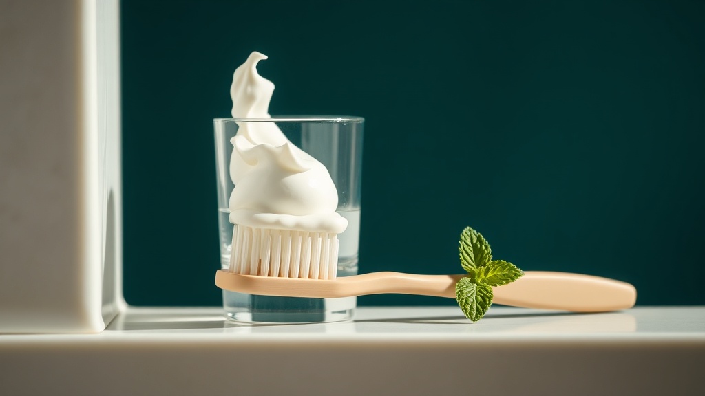 Toothbrush with mint-white paste beside a glass of water