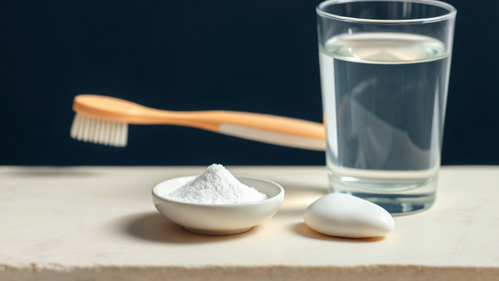 A soft toothbrush, a small dish of baking-soda-white powder and a glass of water on a calm cream surface