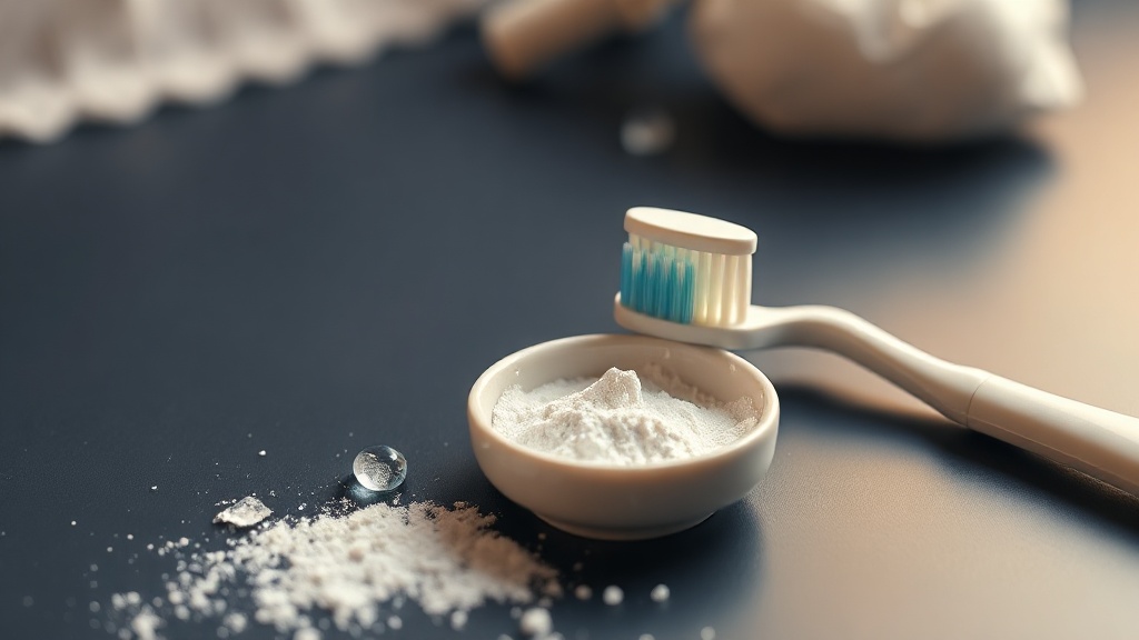 A small dish of baking soda beside a wet toothbrush