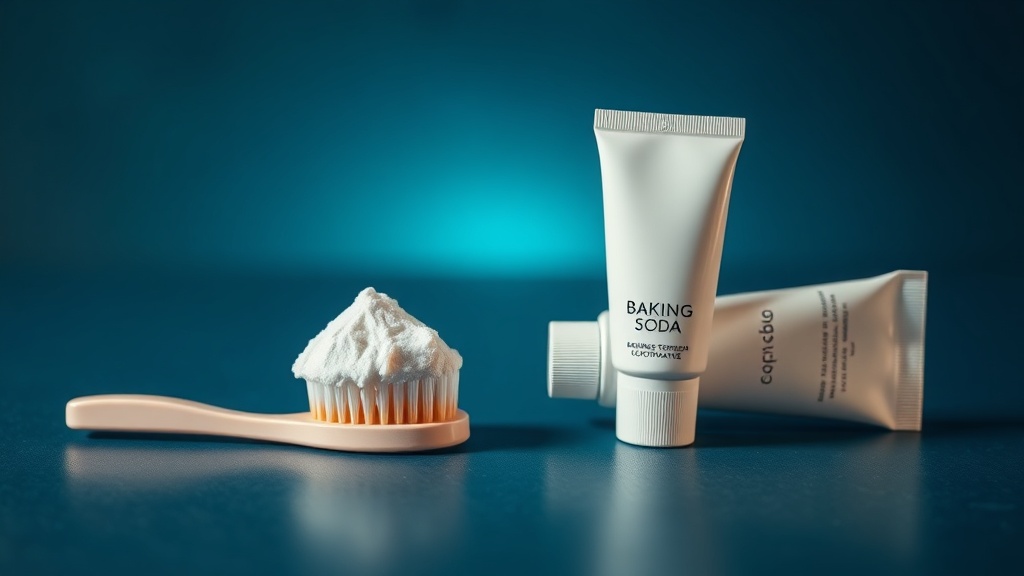 A wet toothbrush with baking soda paste next to a tube of fluoride toothpaste