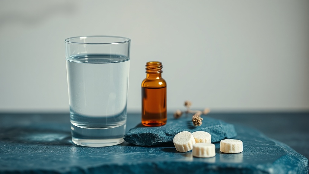 A calm arrangement of water, alcohol-free rinse and sugar-free lozenges for oral comfort