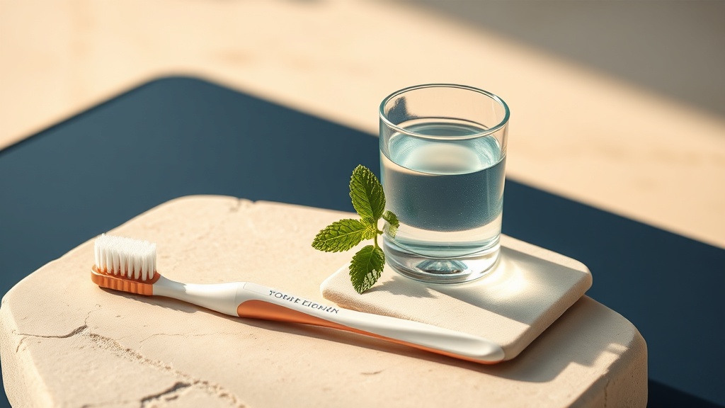 A calm, reassuring still-life of daily gum-care essentials in warm light