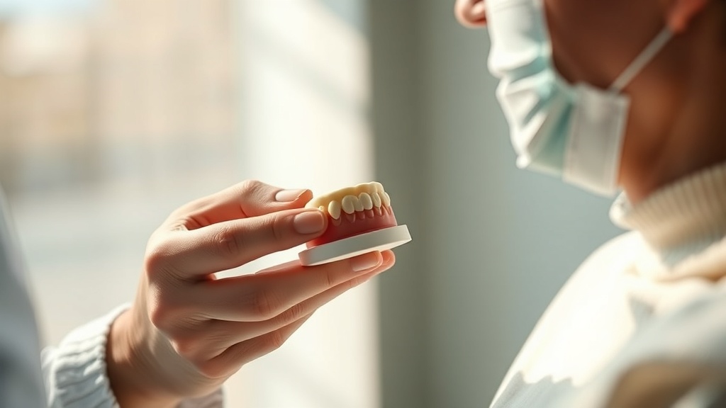 A reassuring dentist showing a patient a model of teeth and gums