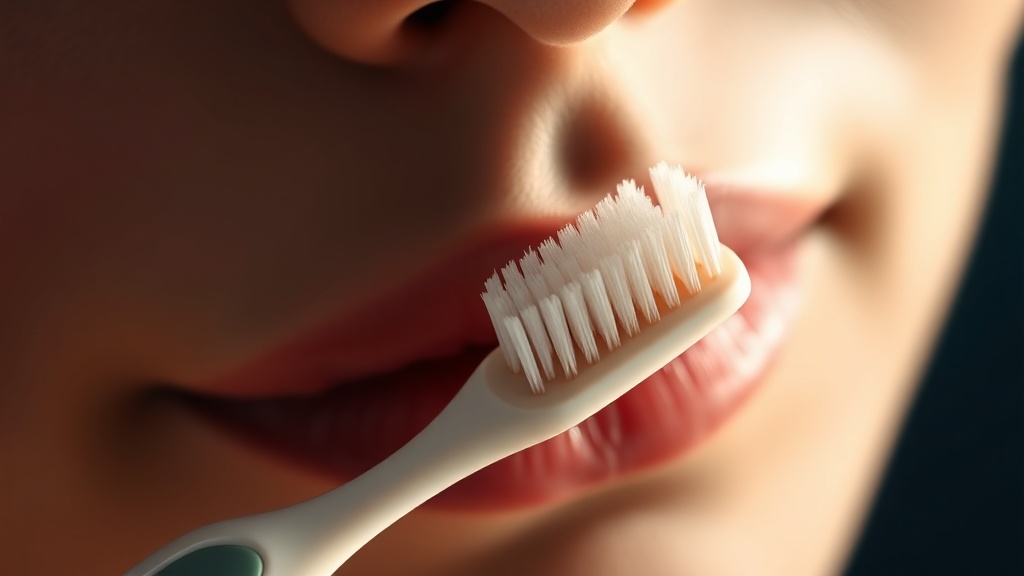 A soft-bristled toothbrush held gently at the gumline in warm natural light