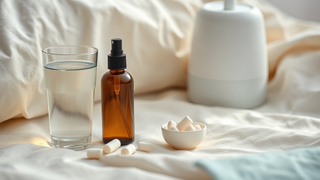A daily dry mouth comfort routine of water, sugar-free gum, a spray and a bedside humidifier