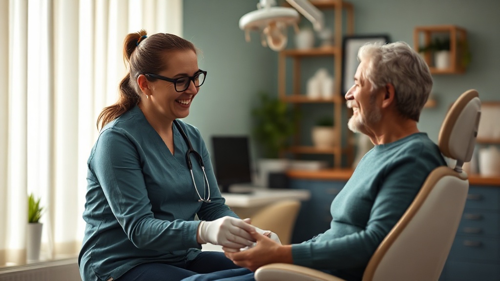 A patient and a dental professional talking calmly during a consultation
