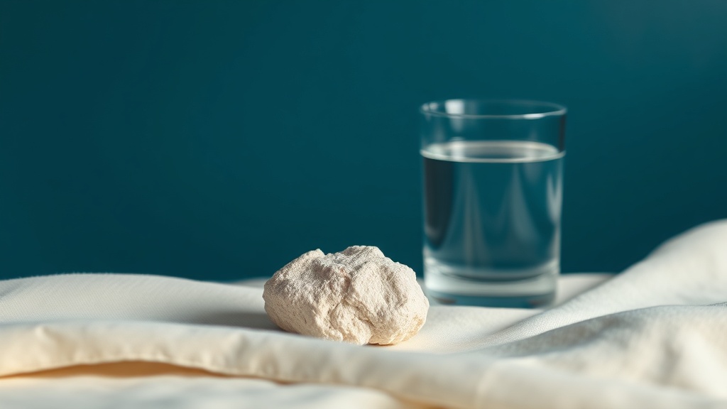 A single small pale tonsil stone resting on linen beside a glass of water