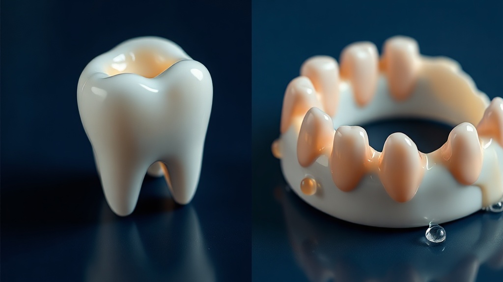 Whitening gel soaking into a natural tooth on the left while beading off a glossy porcelain crown on the right