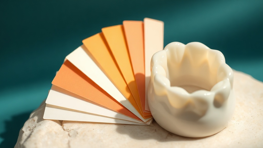 A fanned dental shade guide of graded tabs beside a ceramic crown on cream stone