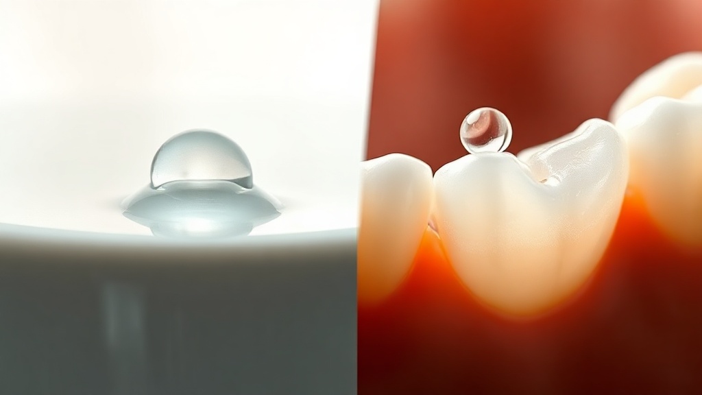 A whitening-gel droplet beading on a glossy non-porous porcelain surface versus soaking into a porous natural tooth