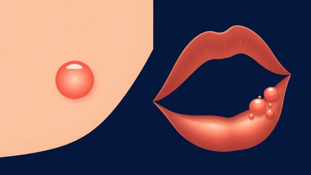 Conceptual illustration contrasting a canker sore inside the cheek with a cold sore on the outer lip