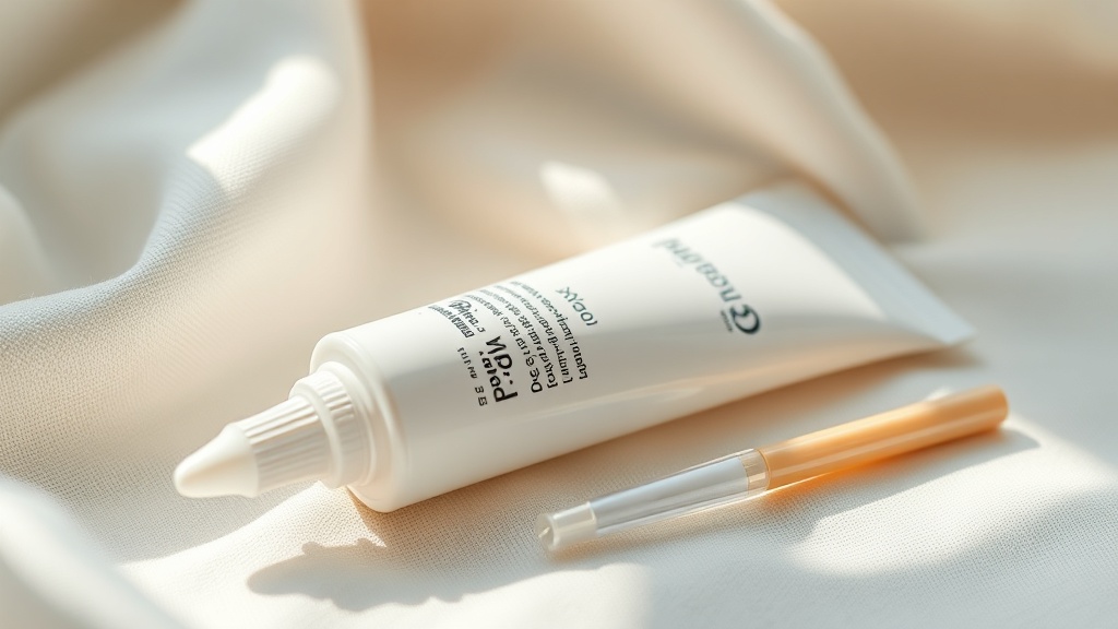 A plain clear tube of soothing oral gel with a soft-tipped applicator on cream linen