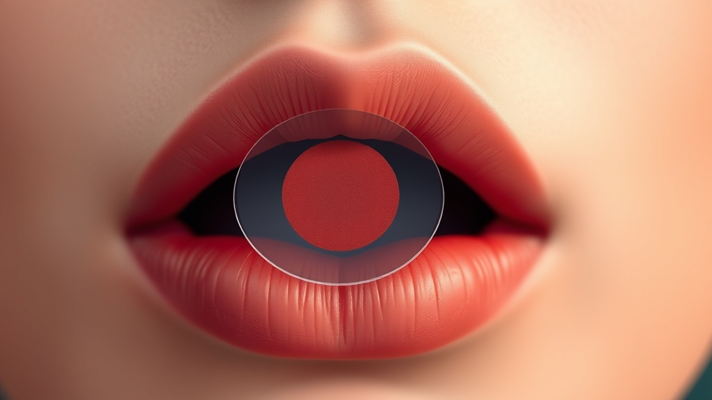 Conceptual illustration of a thin translucent adhesive patch covering a small round ulcer inside the lip