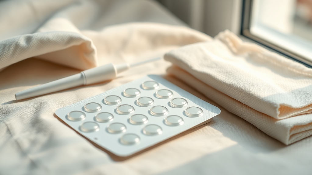 A blister card of clear dissolving oral patches beside a small applicator on cream linen