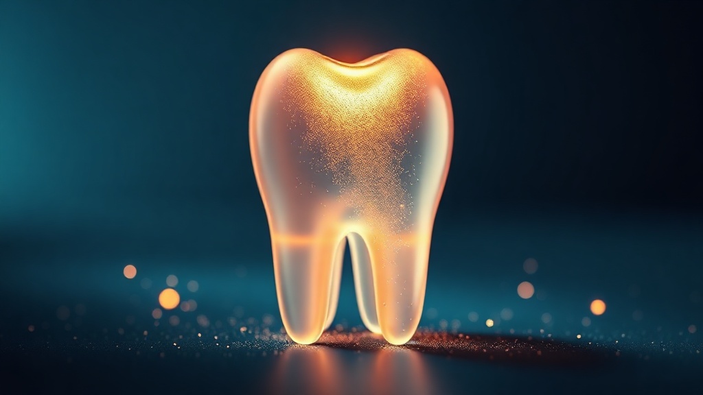 A glowing translucent tooth form with fine bubbles diffusing inward and coloured specks lifting away