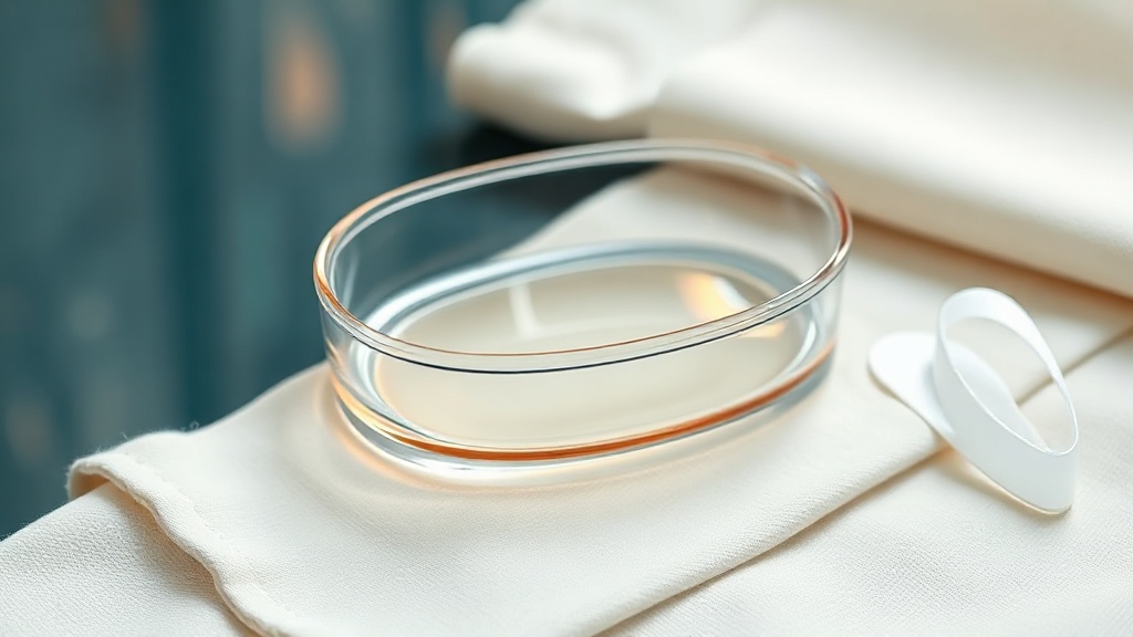 A clear whitening tray with a thin bead of gel beside a folded whitening strip on cream cloth