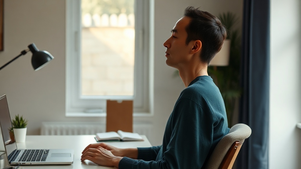 A calm adult sitting upright at a desk with the head balanced over the shoulders