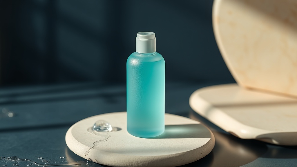 A frosted bottle of teal oxygenating mouth rinse on cream stone
